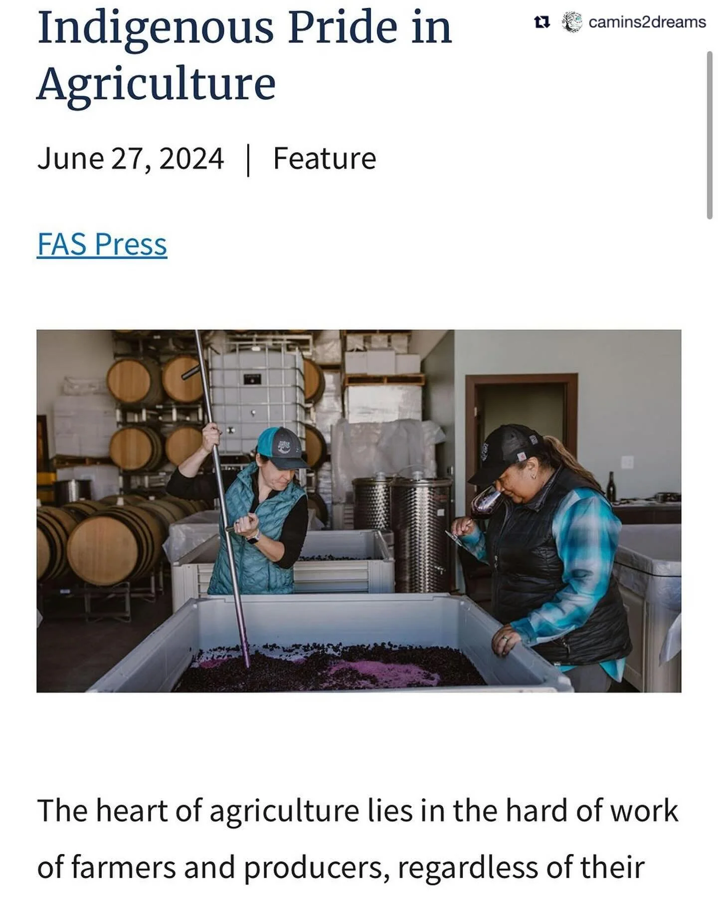 Repost from @camins2dreams one of our treasured #wine suppliers 🙏
&bull;
Grateful to @usdagov and FAS for featuring me! 🌿 This article celebrates the rich heritage and future of Indigenous agriculture. I&rsquo;m looking forward to future trade miss