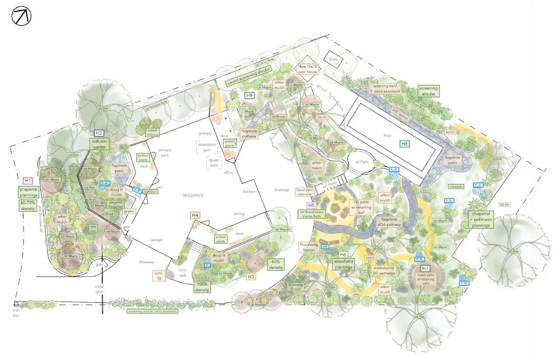 Final Design Plan around Sebastopol residence featuring mature live oaks, cut flower garden, and flagstone patios. Embracing Sonoma County outdoor living at its finest