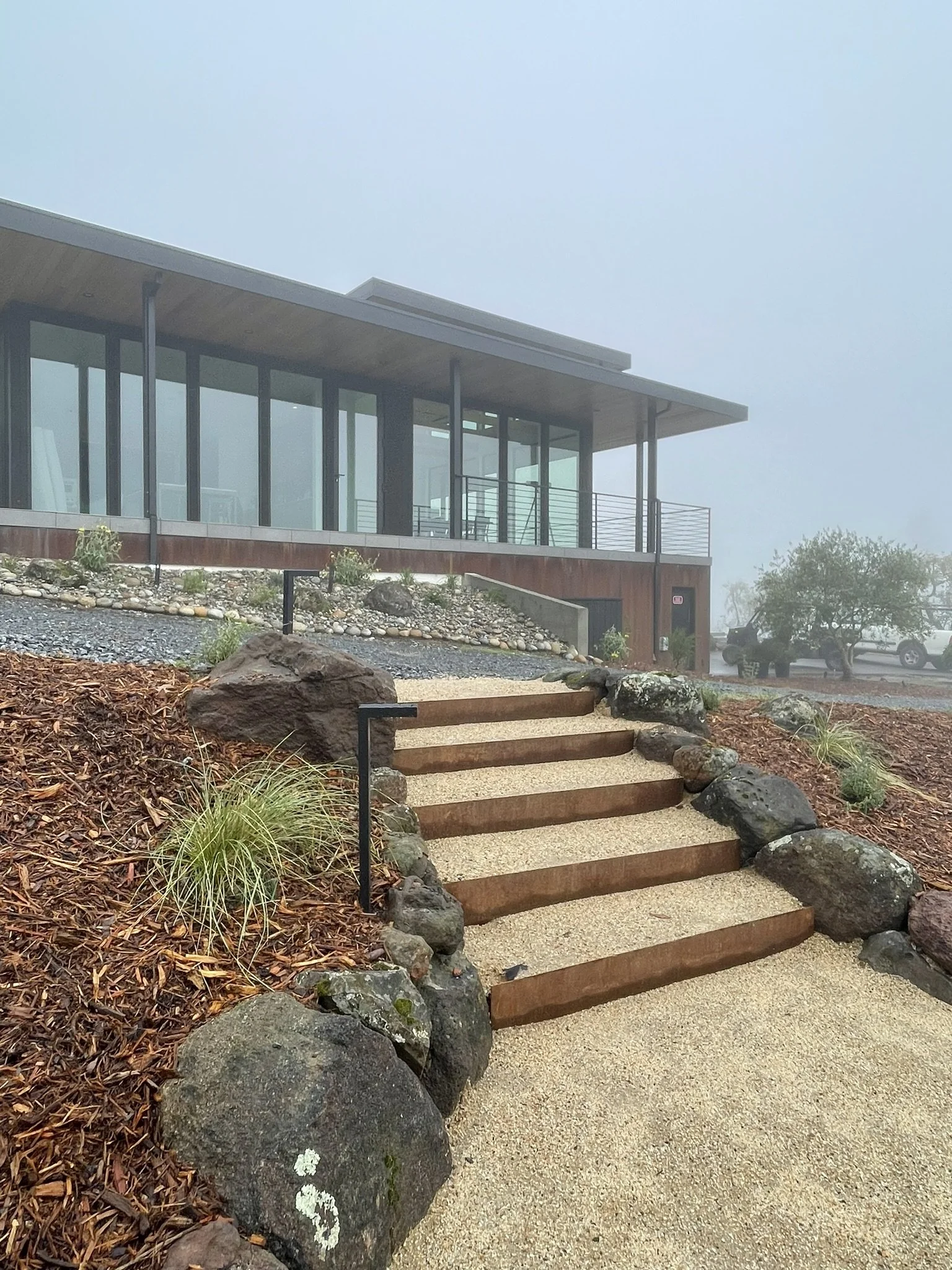 Fog cover over the freshly installed corten stairs with DG treads