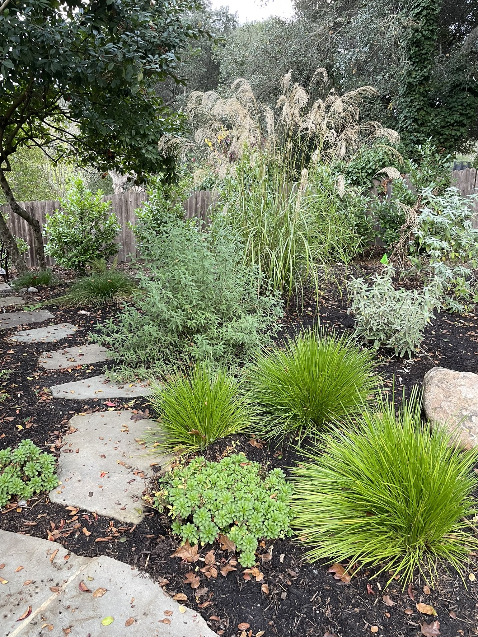 A flagstone pathway leads to a hidden seating area with a west county vineyard view