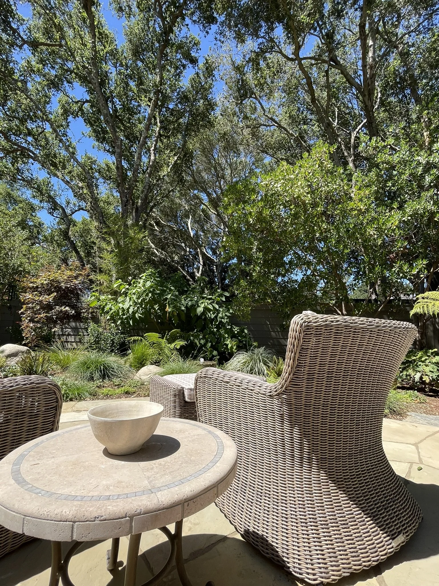 Morning sunshine and afternoon shade make this private patio garden inviting for morning coffee and cool evening unwinding