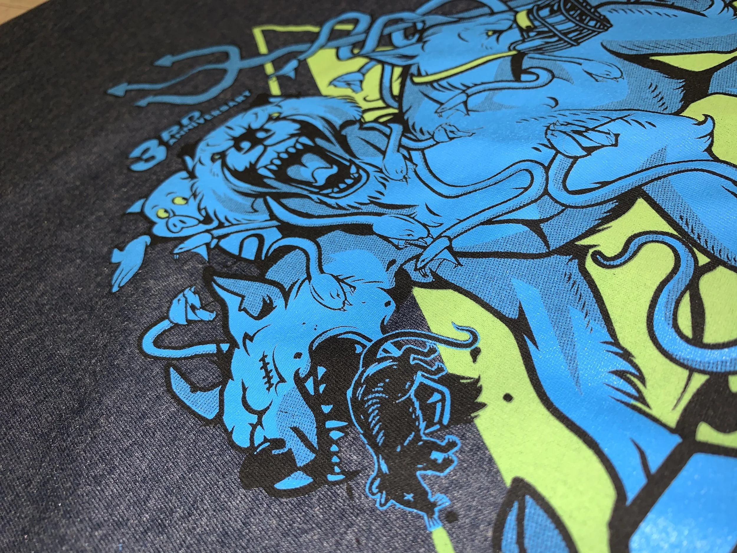 Screen print of 3 headed dog illustration