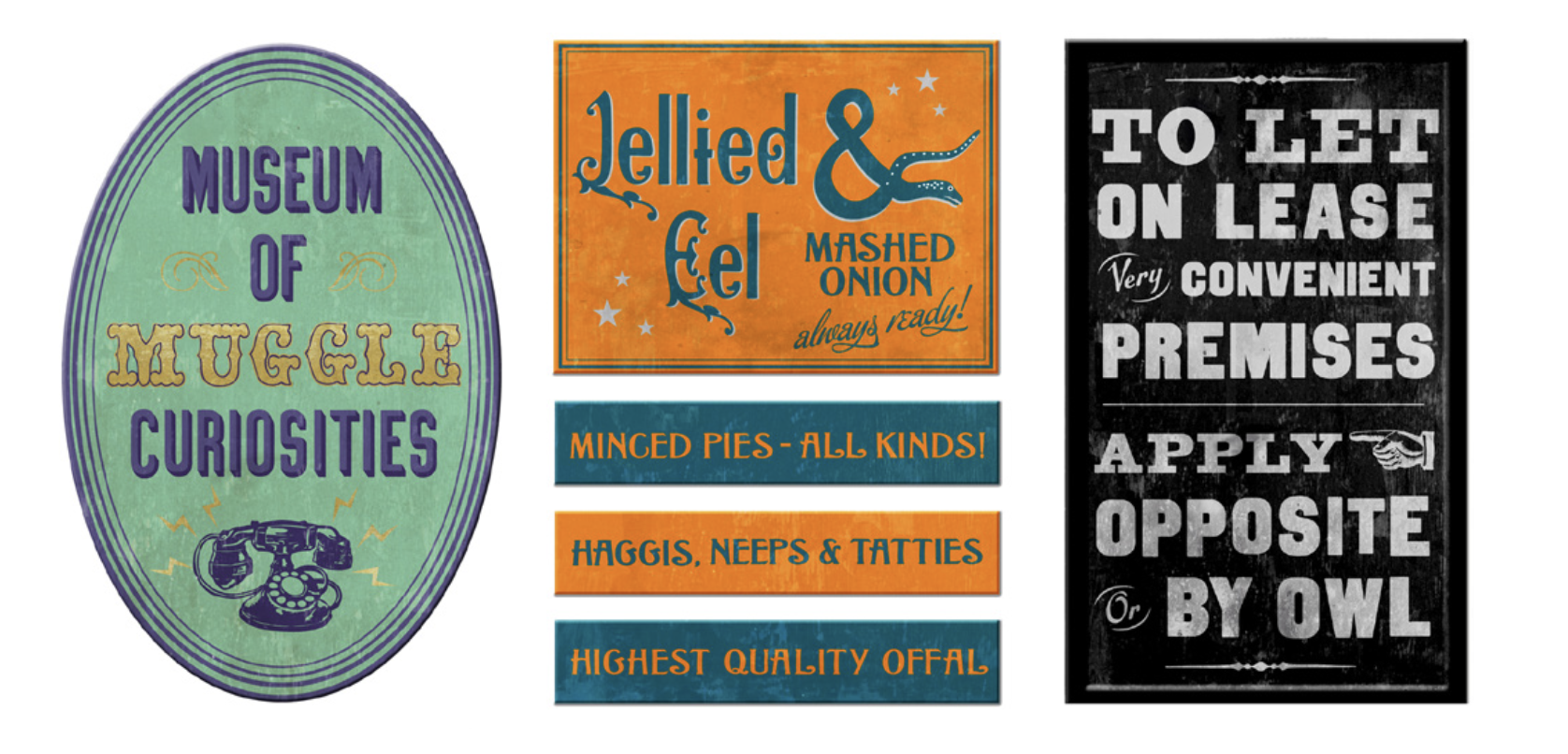 Signage for Harry Potter Theme Park - Warner Brothers & Minalima