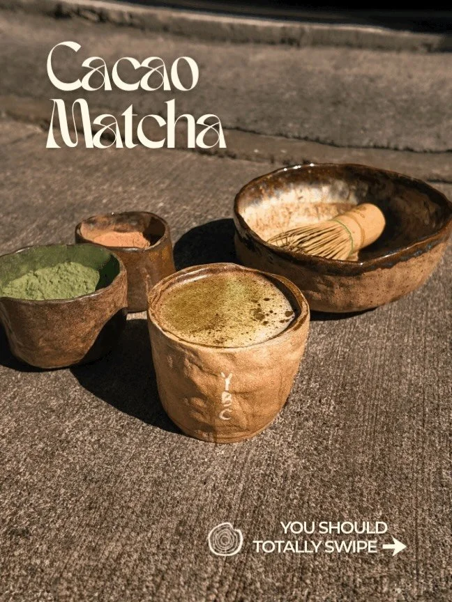 If coffee makes you anxious&hellip; try this instead.
Stop fighting the matcha. DRINK IT. IT&rsquo;S NOT GRASS. 🍵

Ceremonial grade matcha + cacao, sweetened with organic maple syrup and finished with oat milk.

Antioxidants, calm energy, mood suppo