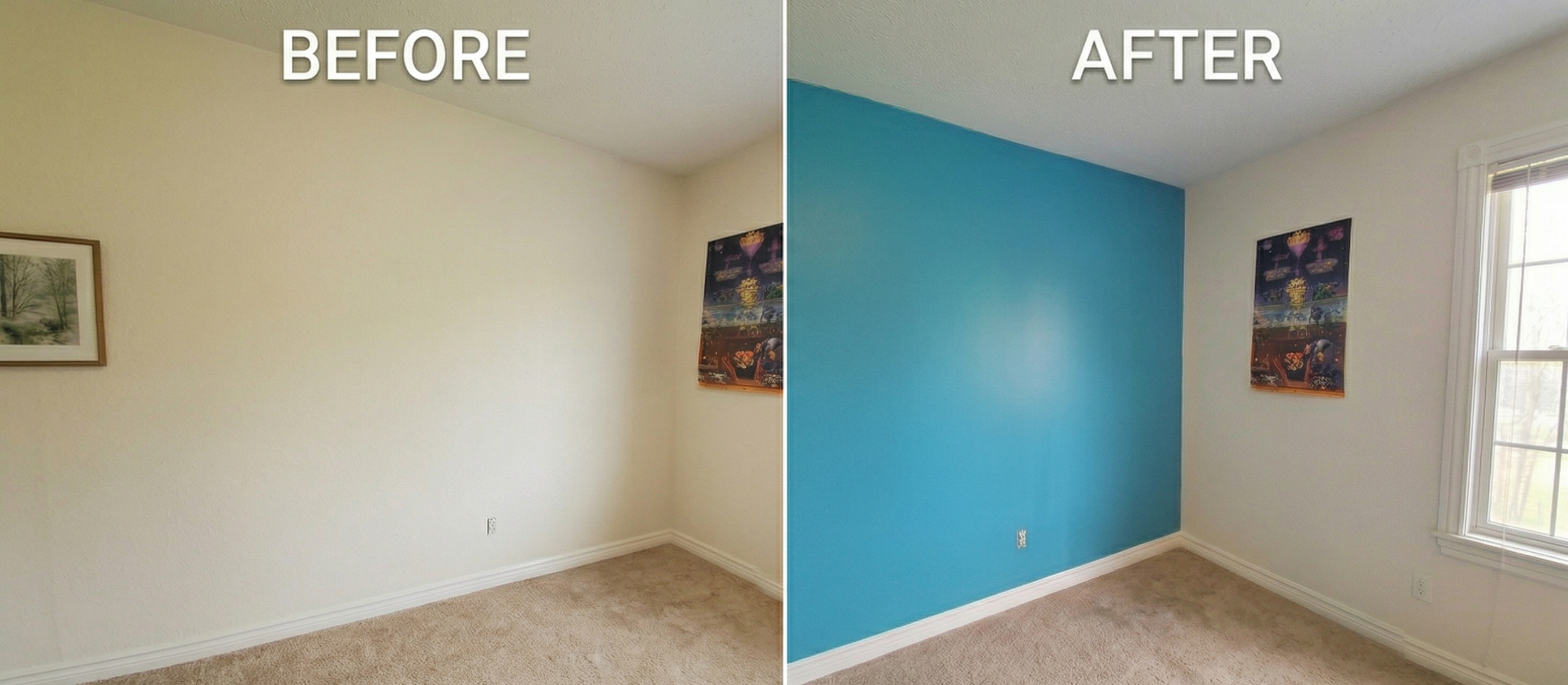 Comparison of a room before and after painting. The left side shows a beige wall, the right side shows the same wall painted blue.