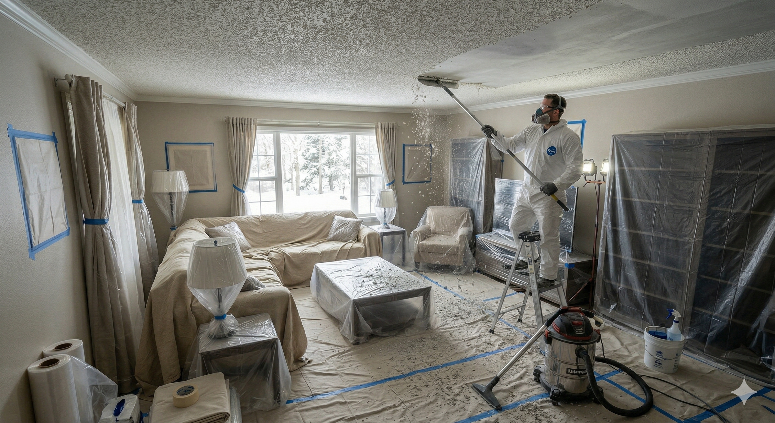 Interior of a room under construction with unfinished walls and ceiling, and a large window showing trees and a building outside.