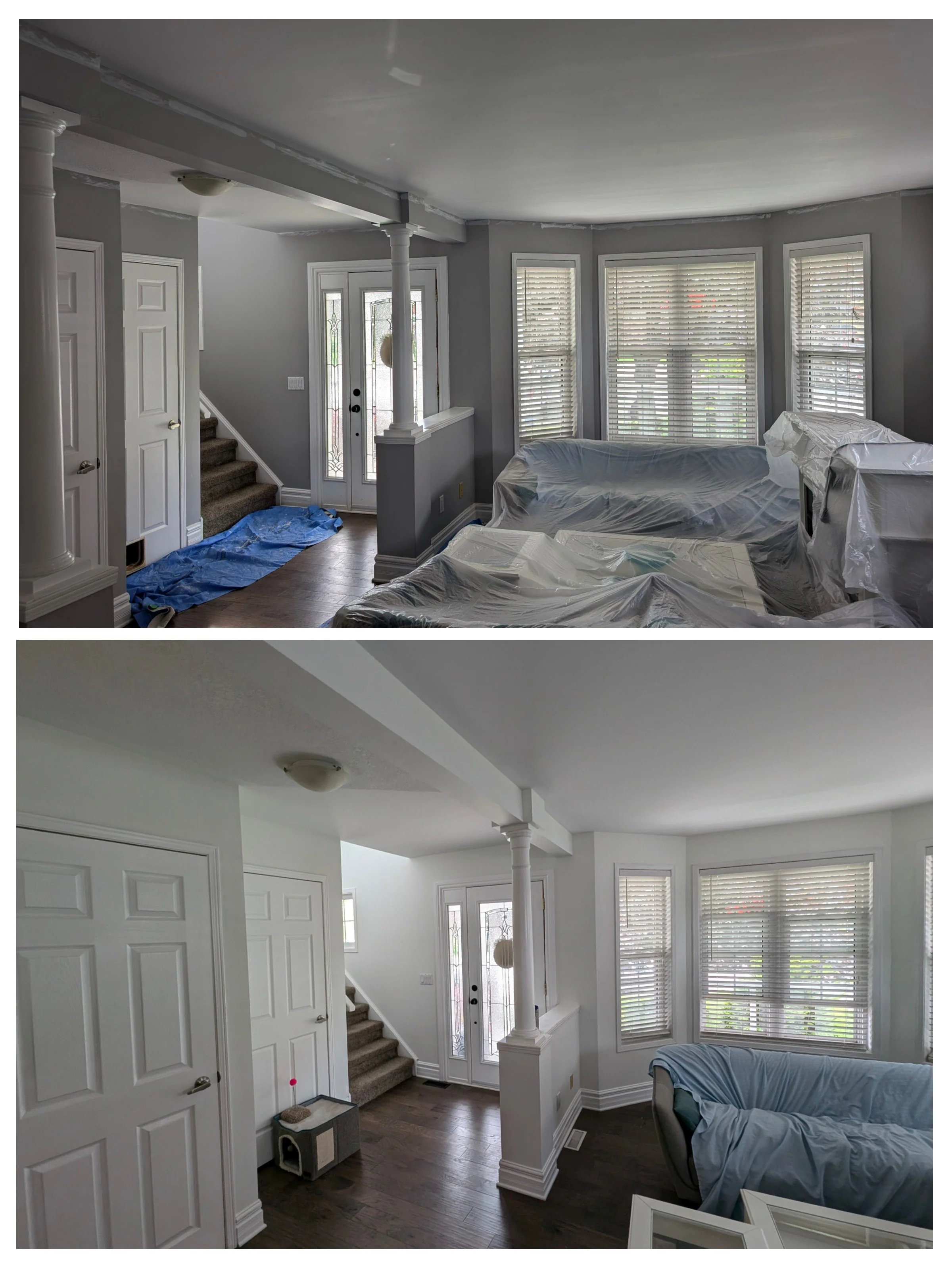 Before and after images of a living room, showing freshly painted white walls, new white trim, and removal of furniture and coverings, with the second image featuring cleaned and organized space.