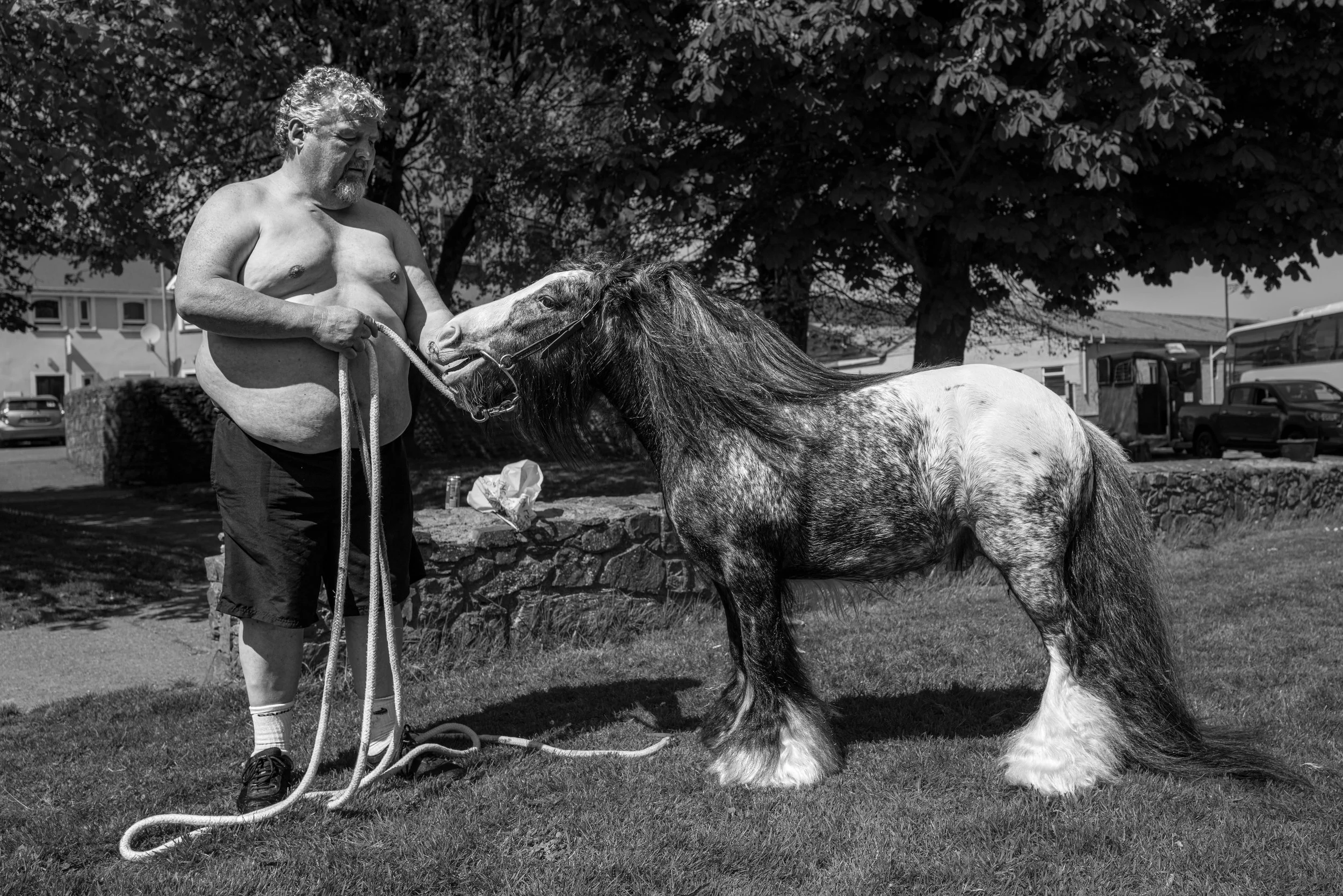 A man with a beard, shirtless and wearing shorts, standing on grass and holding a leash, while a large, long-haired horse nuzzles him. Trees and parked cars are in the background.