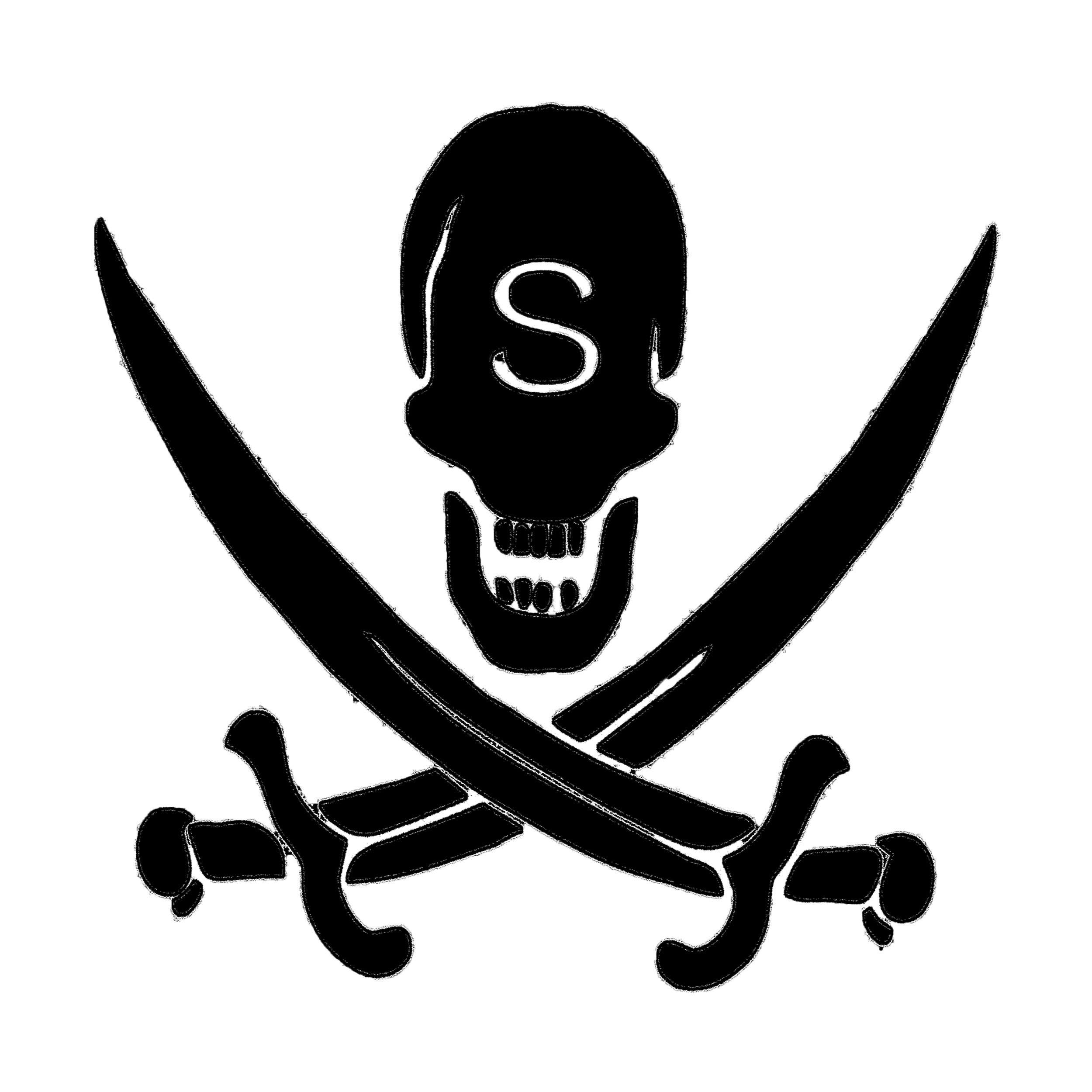 Outline drawing of a pirate skull wearing a cap with an 'S' on it, crossed swords behind the skull, and a pair of hearts below.