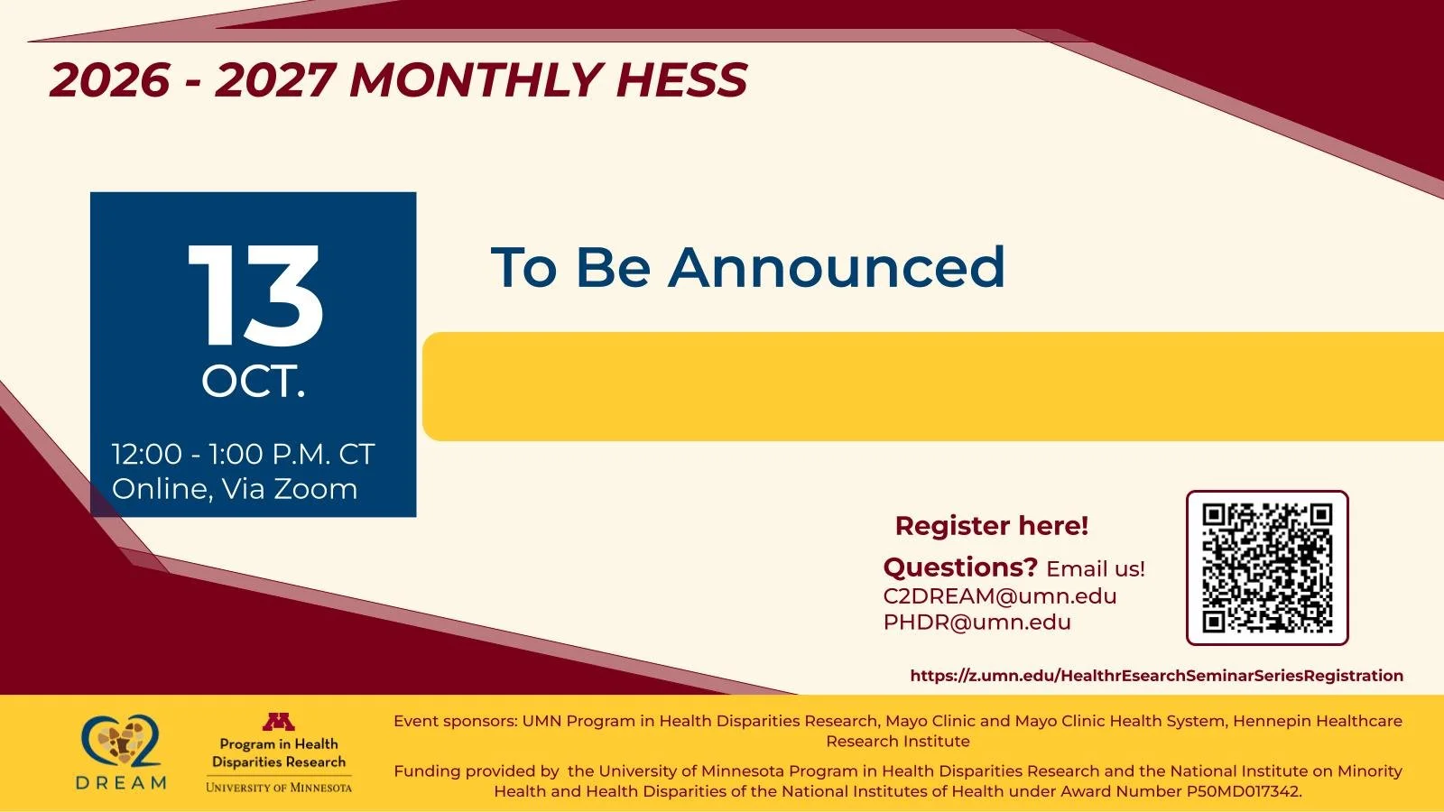 flyer for the 2026–2027 Monthly HESS seminar series. The October 13 session is marked “To Be Announced.”