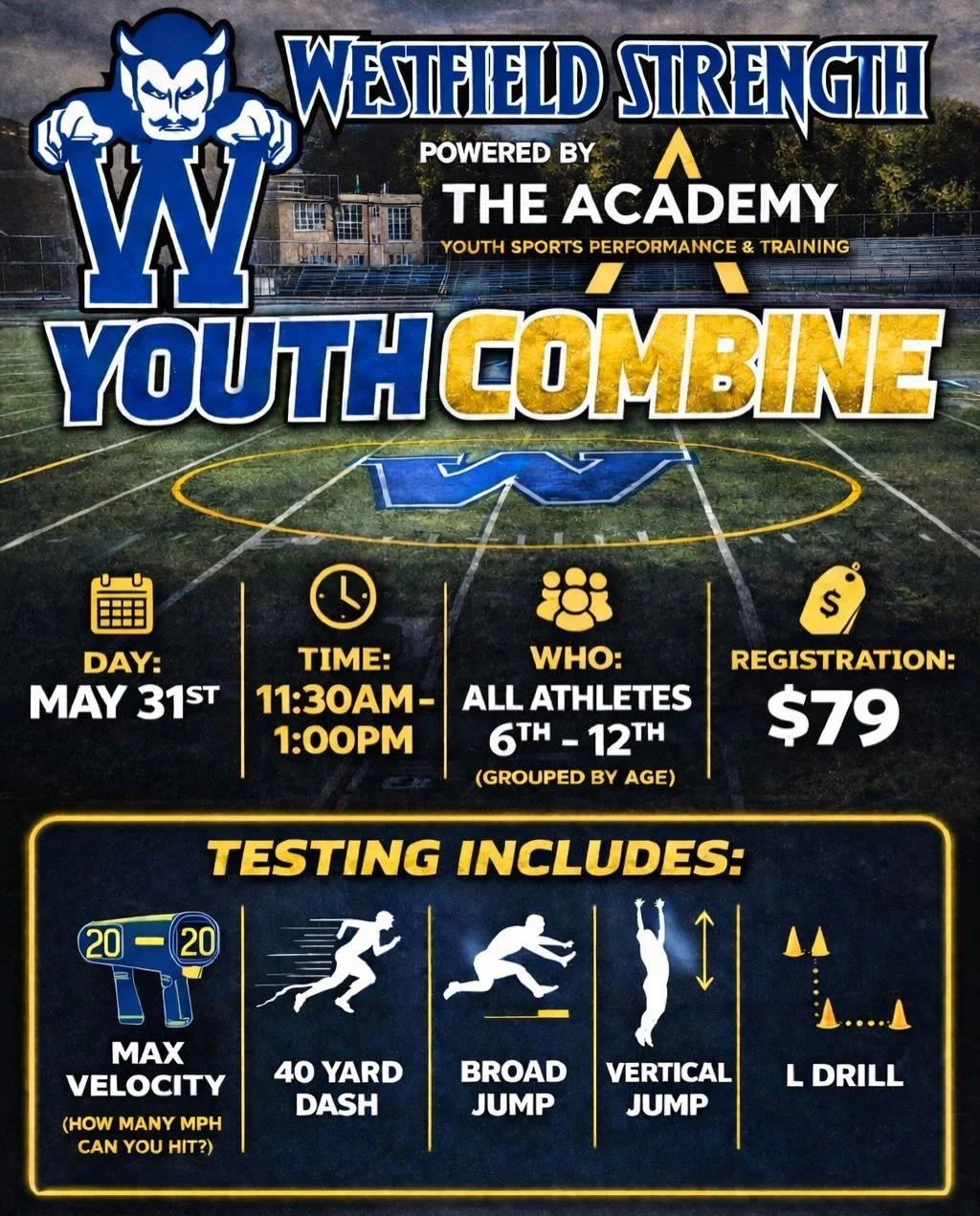 📢CALLING ALL WESTFIELD ATHLETES

🚨We&rsquo;re excited to announce our collaboration with @westfield_strength as we host our first ever COMBINE ‼️⚡️

💙💛 10% of all proceeds will go back to @westfieldnjboosters 

🗓️Mark your calendars ! May 31st |