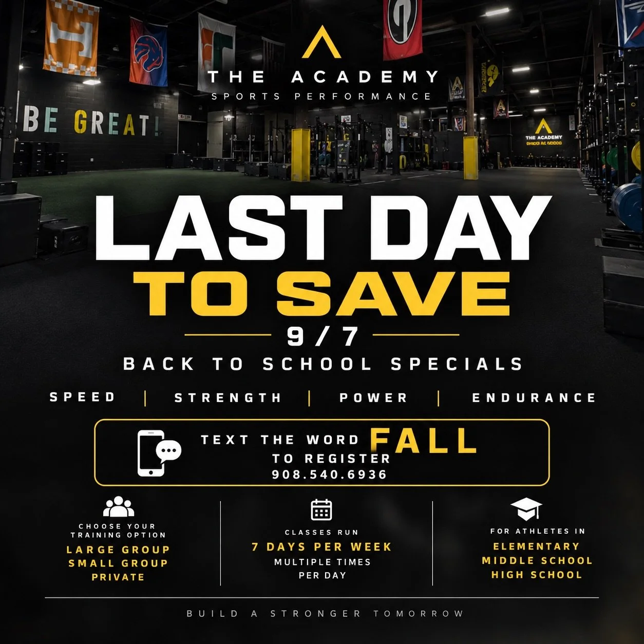 Last day to save on our Back to School Specials! ⚡️

Train for speed, strength, power &amp; endurance with options for large group, small group, and private training.

Elementary &bull; Middle School &bull; High School
Classes available 7 days per we