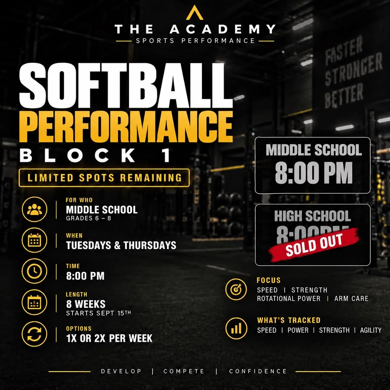 🚨LAST DAY TO REGISTER🥎⚡️

Softball speed, strength &amp; power program .

Only middle school spots remain!

Block 1 Sept 15 - choose 1x or 2x

Text the word &ldquo;softball&rdquo; to register or with any additional questions 📲908.540.6936

📍GARWO