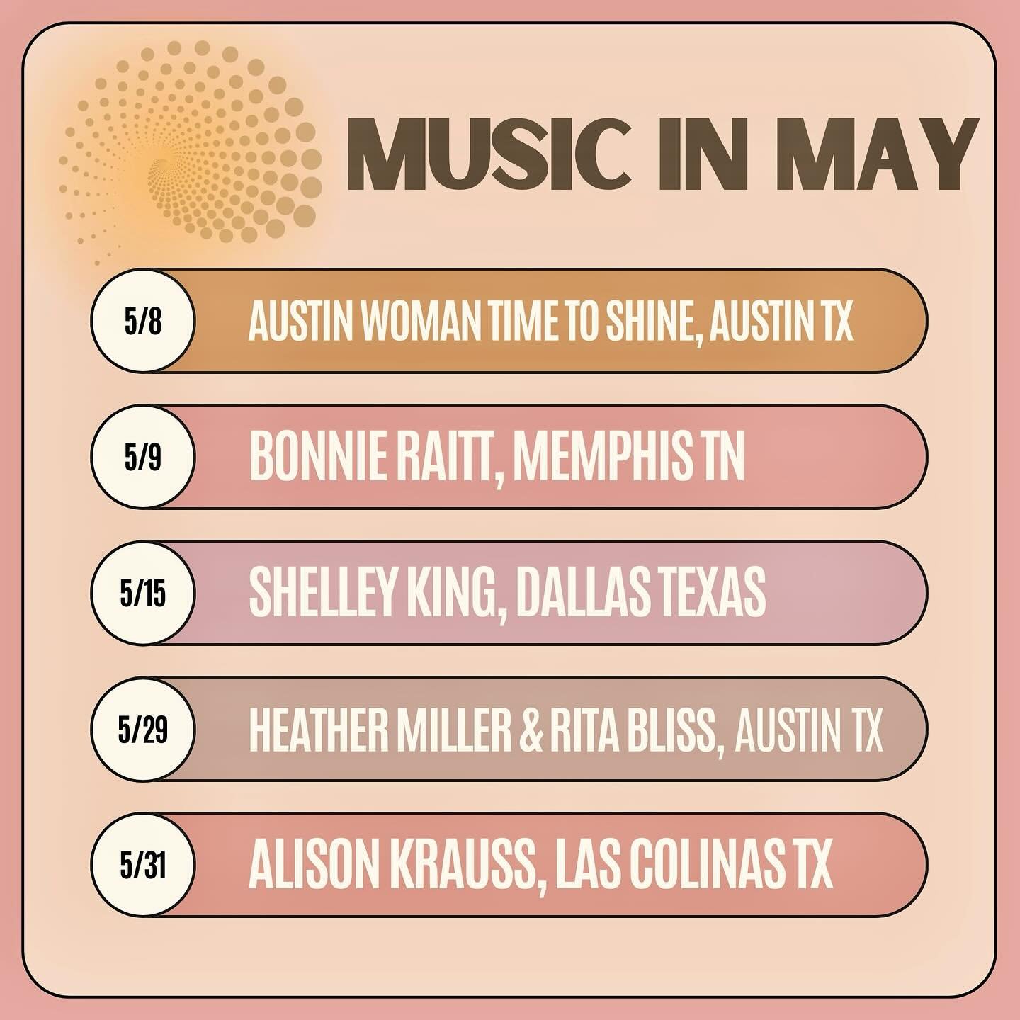 🗓️ Music in May 🎶
✏️ Submit your Event ! Link in Bio

5/8 @austinwoman &lsquo;Time to Shine&rsquo;! Join Wavemakers to celebrate Austin&rsquo;s best community of Women! Tickets are still available! Austin,TX

5/9 @bonnieraittofficial @orpheummemphi