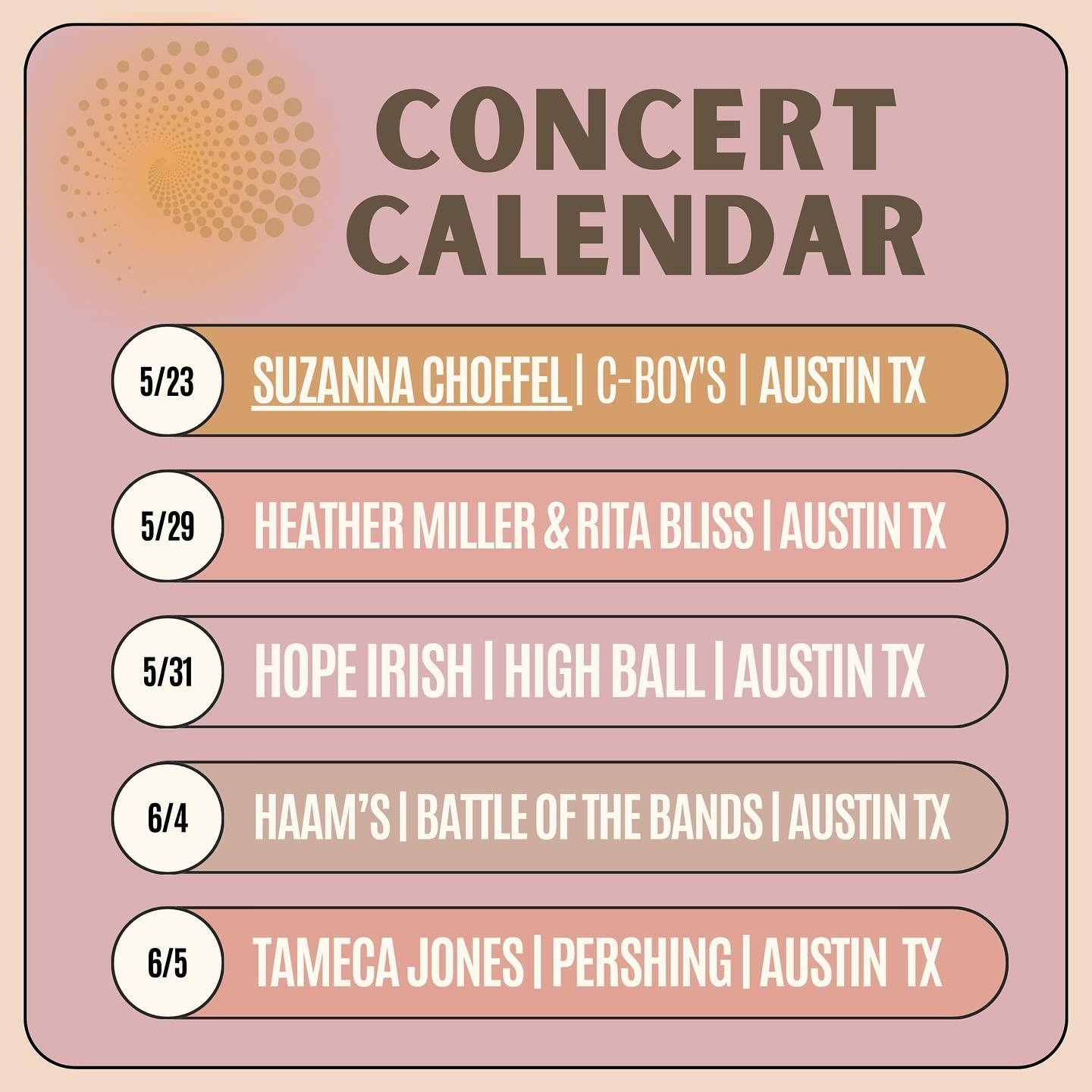 🗓️✍🏽 Mark your Calendars! 
Wavemakers ~ are Live in Concert !! 🎫
Show up &amp; Support Women in Music 40+ ! 

5/23 @suzannachoffel @cboysheartnsoul 
5/29 @ritablissbanjo &amp; @humsongs @neworldeli 
5/31 @hopeirish @highballaustin 🎶
6/4 @myhaam B