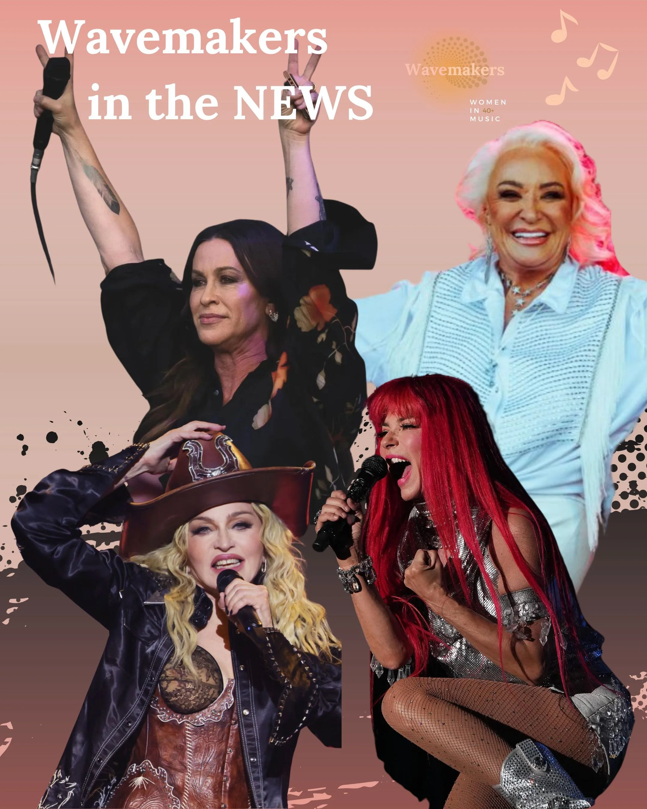 Collage featuring four women, each singing or posing, with pink and black background, musical notes, and text 'Wavemakers in the NEWS'.