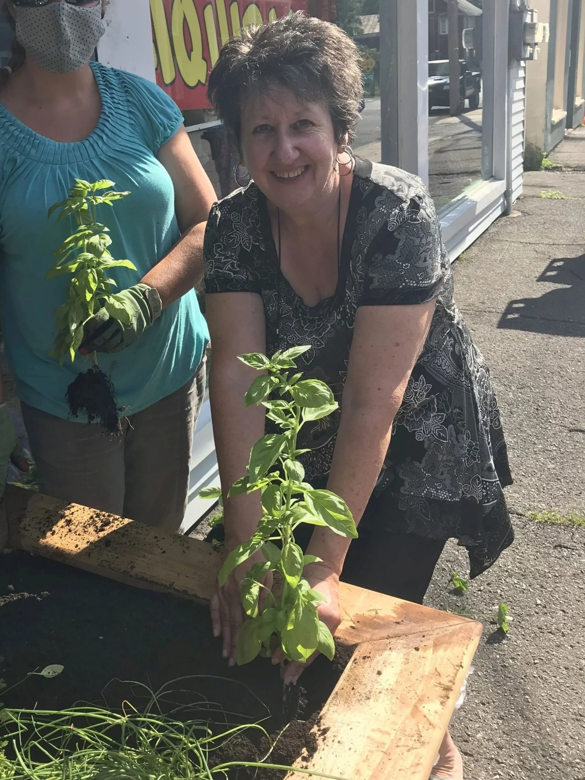 Deux femmes plantant une plante dans le bac des Crudivores.