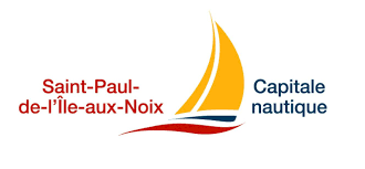 Logo de Saint-Paul-de-l'île-aux-Noix, ville avec une voile de bateau jaune et texte en rouge et bleu.