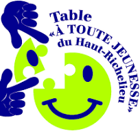 Logo avec deux mains bleues pointant vers un cercle vert avec un visage souriant, et texte en français "Table à TOUTE occasion du Haut-Åfficielle".