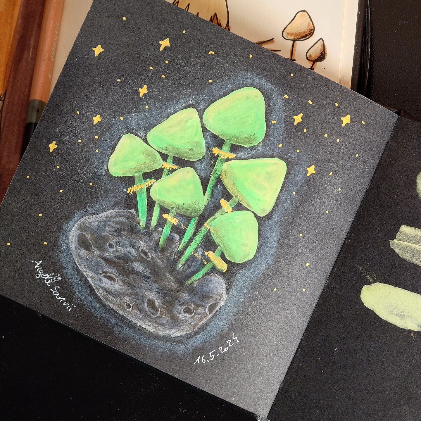 Even more practice mushroom paintings. Some cosmic mushrooms on a asteroid 🍄 

#practiceart #blacksketchbook #mooshroomart #funguary2024 #art #artist #blackpaper #practice #artpractice