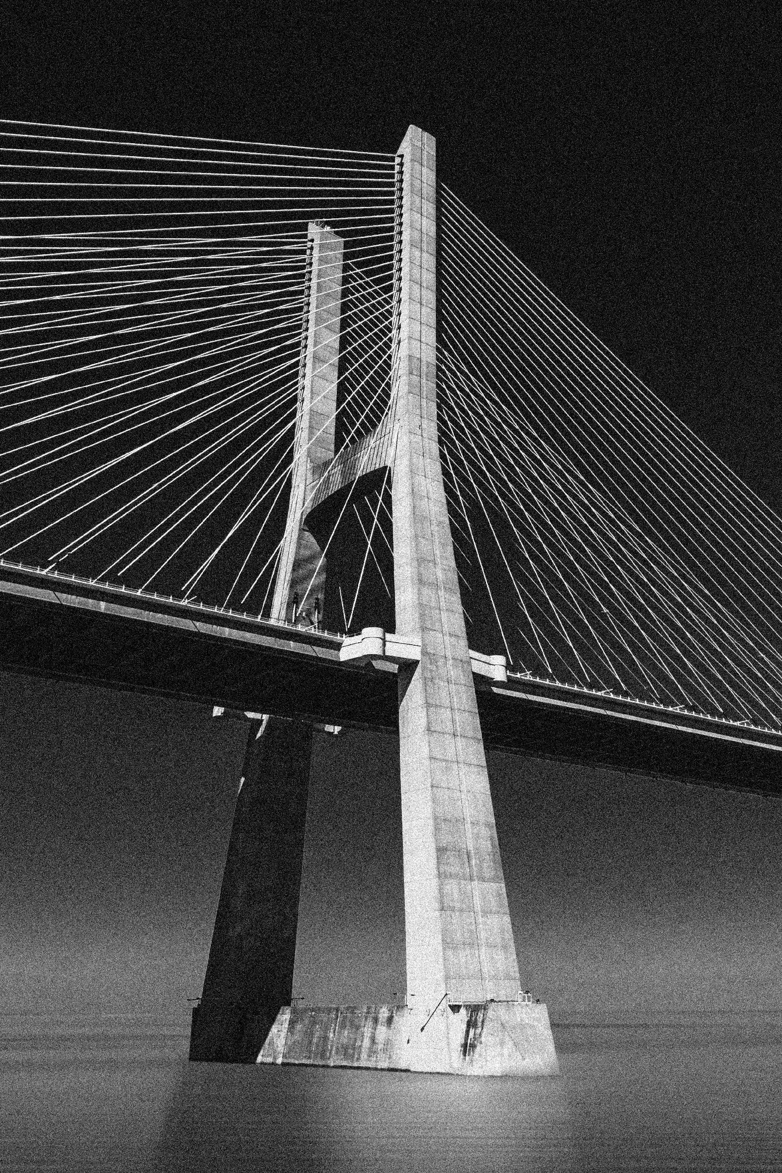 A black and white photo of a modern cable-stayed bridge at night, with tall concrete towers and numerous cables fanning out from the towers to support the bridge deck.