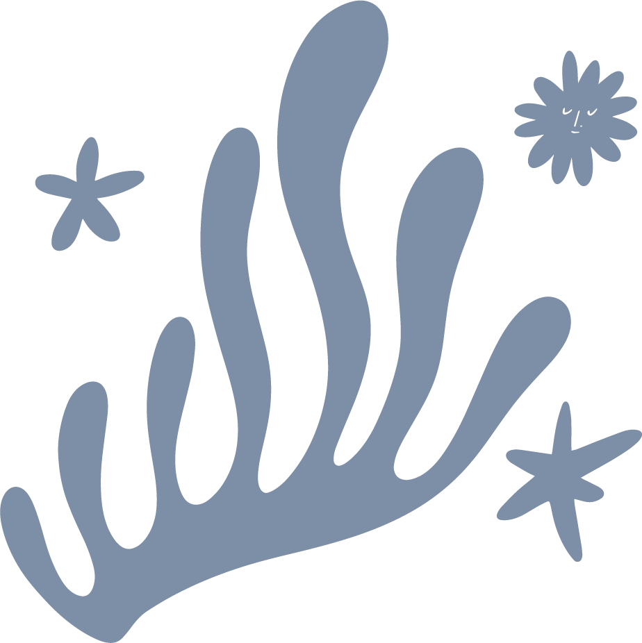 An illustration of a blue plant, surrounded by two stars and a sun with a smiley face drawn on