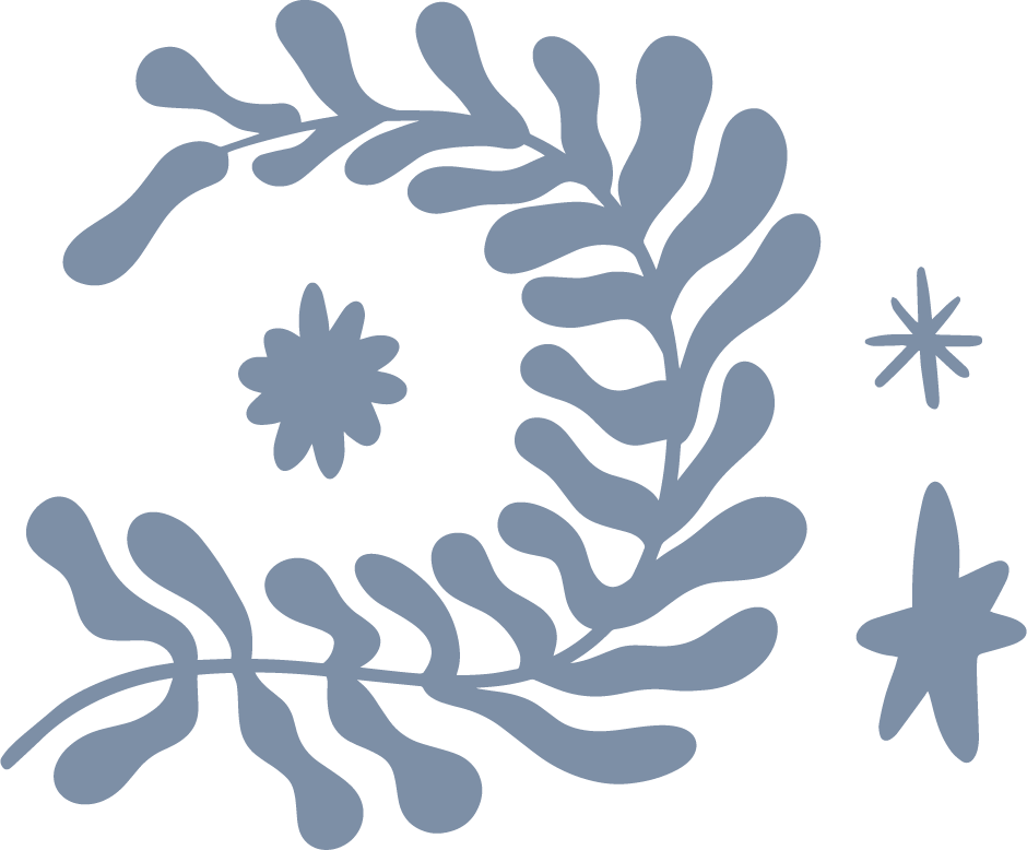An illustration of a fern in blue, surrounded by three stars