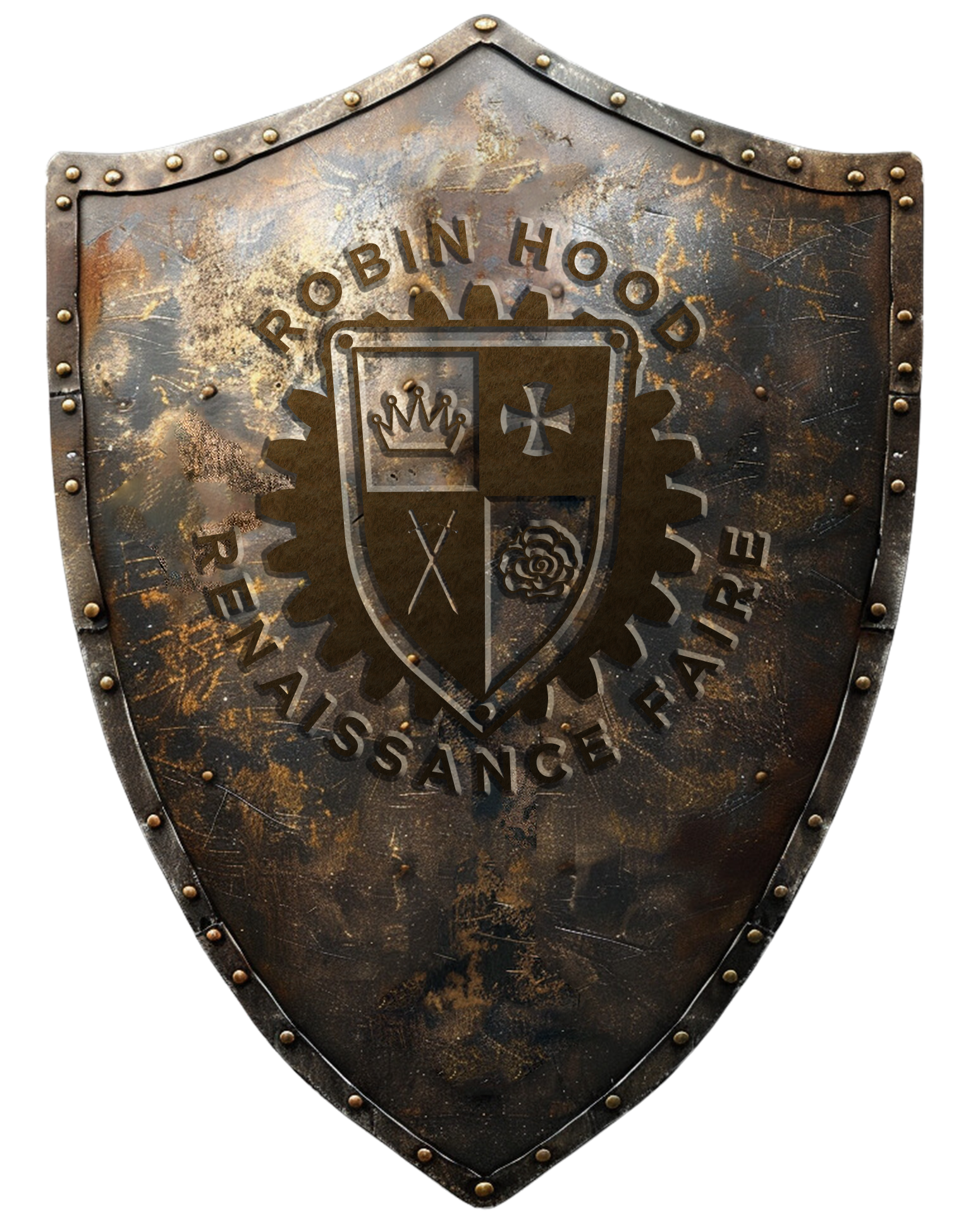 A metallic shield with an emblem in the center featuring a crown, a cross, a rose, and crossed swords. The shield has a rusted and worn appearance, with the words 'Robin Hood' above the emblem and 'Reinissance Faire' below.