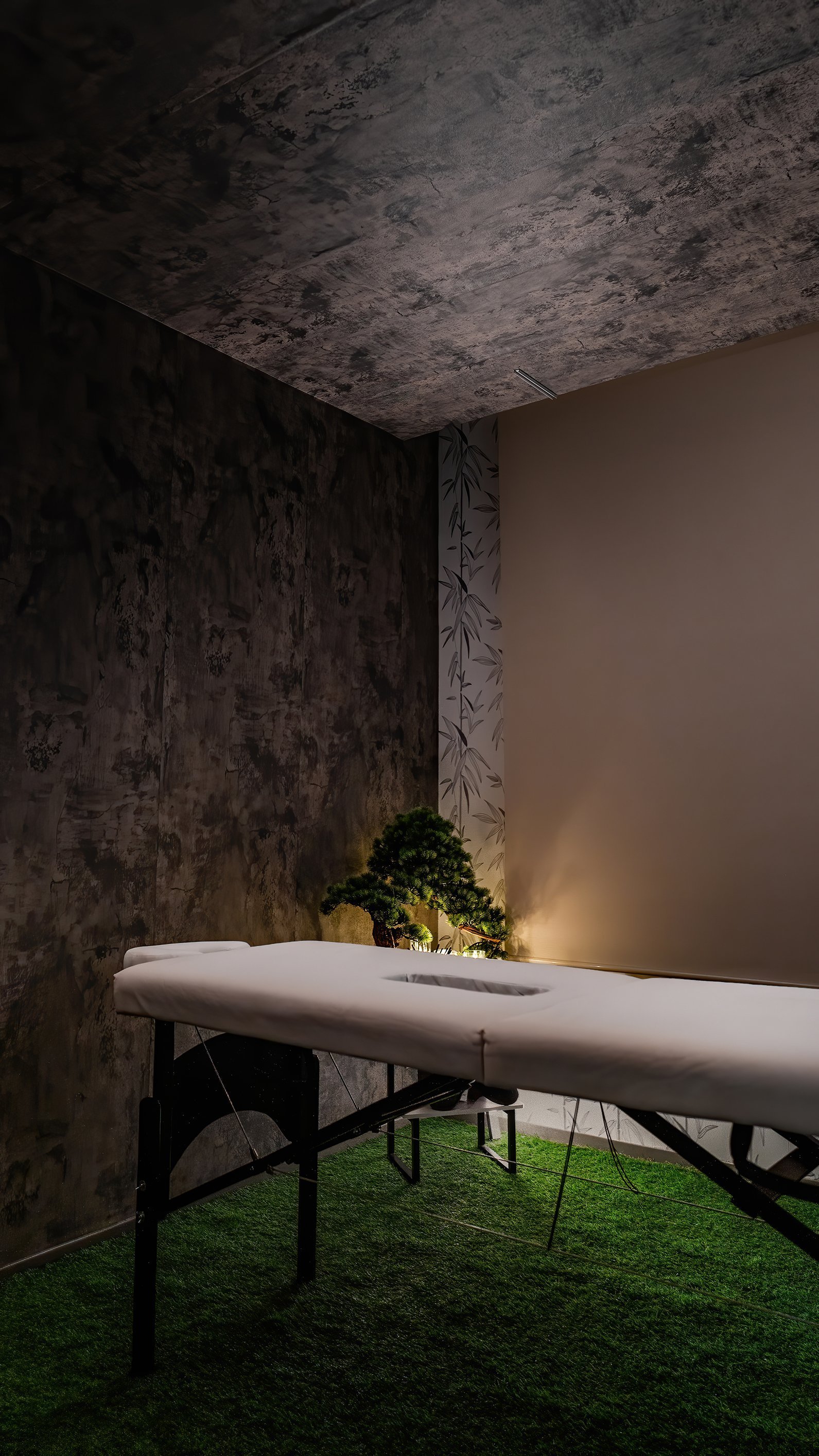 Espacio zen con bonsái y camilla blanca sobre pasto sintético en spas en CDMX estilo japonés.