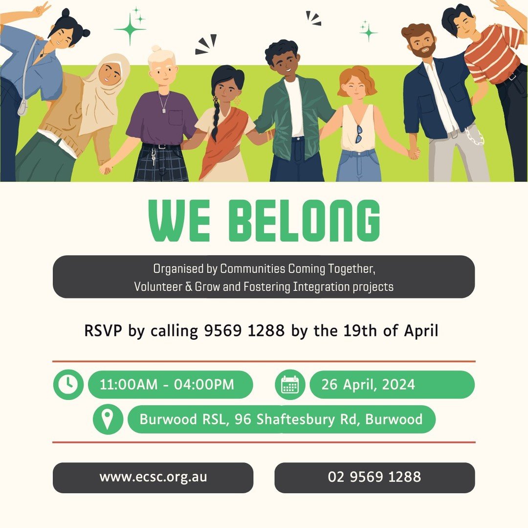Let's come together to celebrate our rich tapestry of cultures at WE BELONG.

Join us for a celebration of unity and diversity, shared laughter, dance, entertainment, and food. 

Please RSVP by April 19th at 9569 1288.

#celebration #bringingcommunit