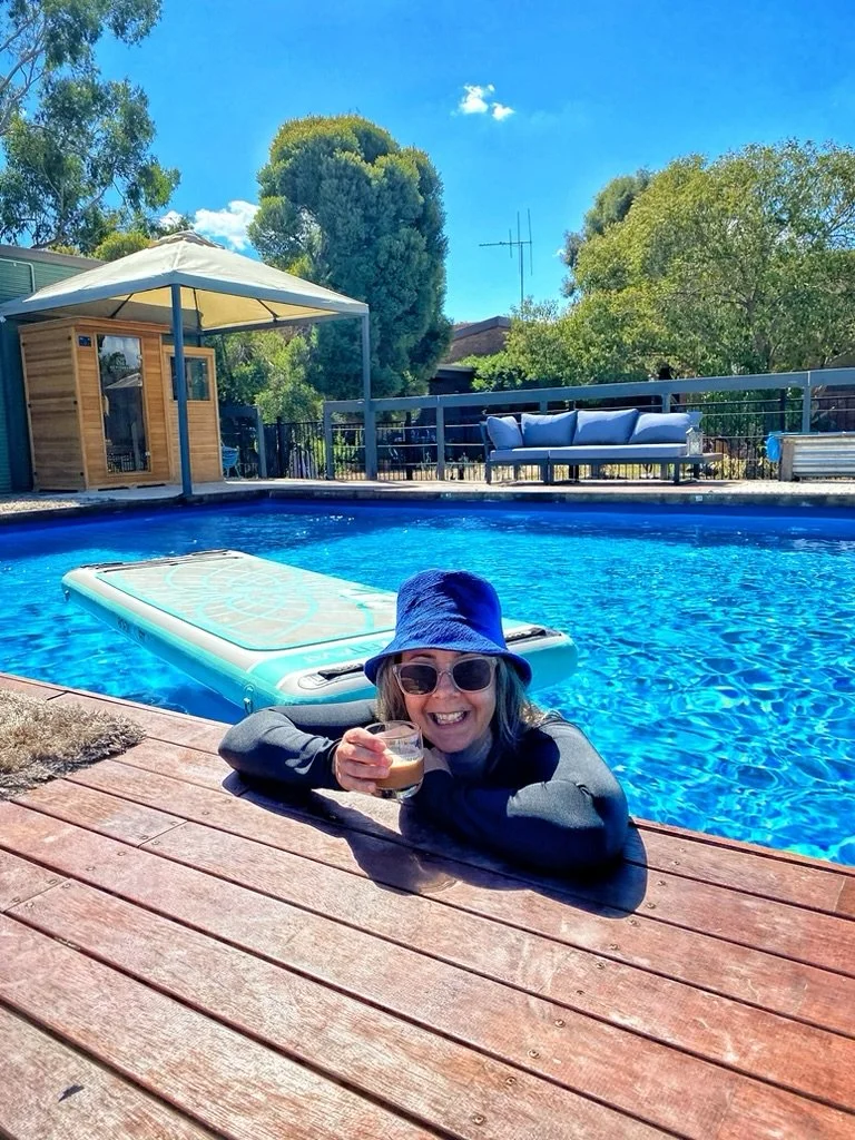 Heated mineral spa and swimming pool at Little Farm of Calm wellness retreat, Benalla Victoria — hydrotherapy, cold plunge available
