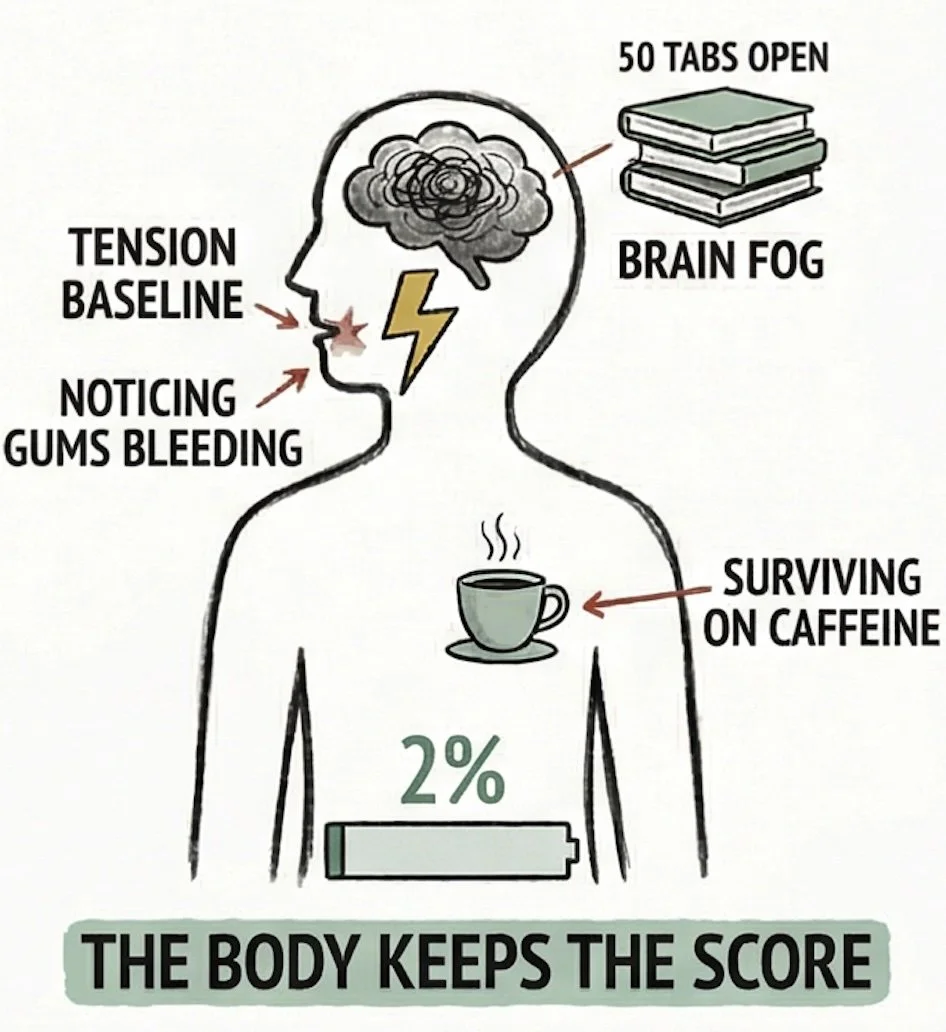 Illustration showing how burnout manifests physically — brain fog, tension, surviving on caffeine, 2% battery