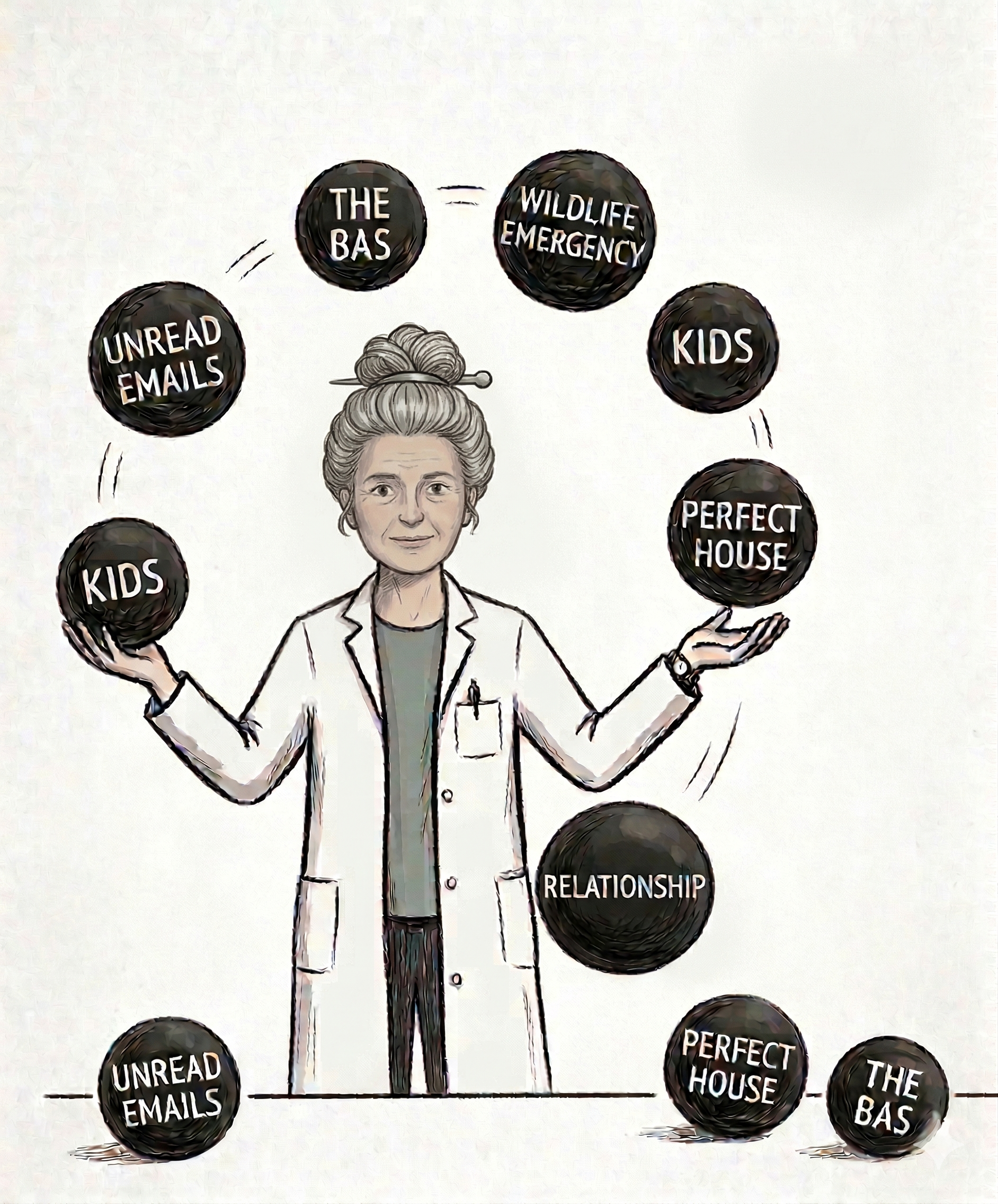 Illustration of Jill juggling the BAS, unread emails, kids, wildlife emergencies, perfect house and relationship