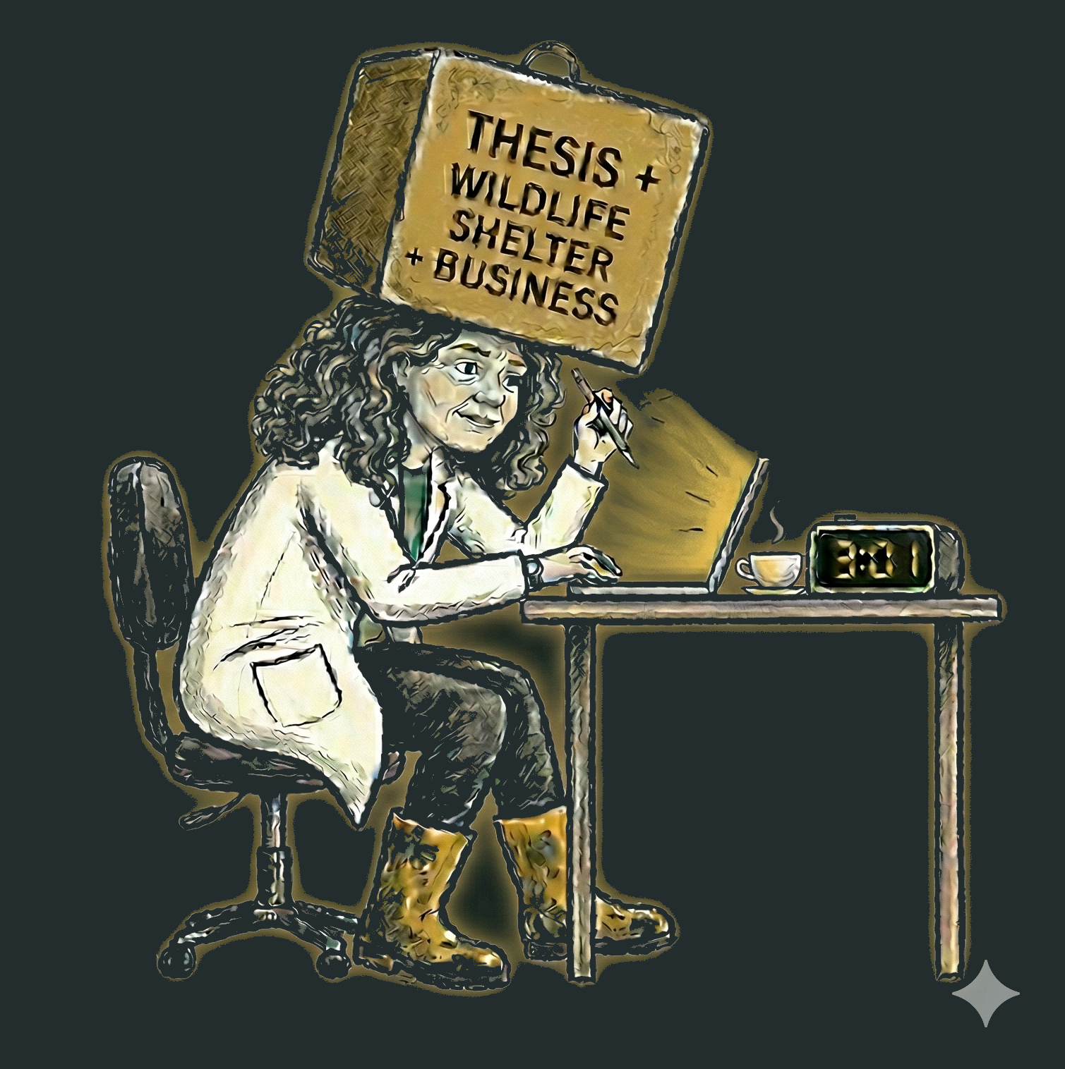 Illustration of Jill at her desk at 3am with thesis, wildlife shelter and business weighing on her