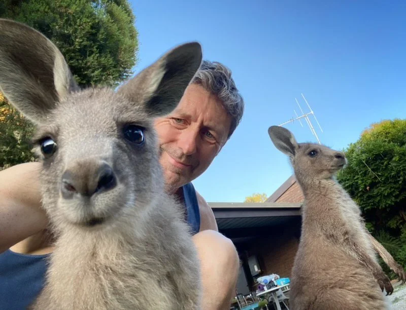 Daz with kangaroos at Little Farm of Calm