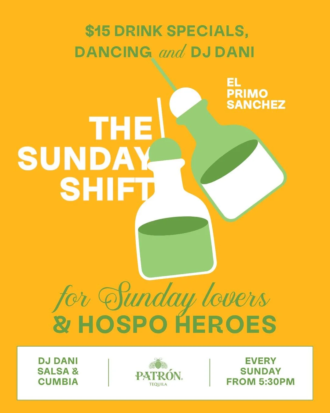 Sunday at Sanchez has had a makeover. Join us this Sunday and every Sunday from 5:30pm. DJ Dani spinning salsa &amp; cumbia, while you sip on $15 @patron cocktails and snack on 2 x $15 taco specials all night long.

Every @patron drink gets you in th