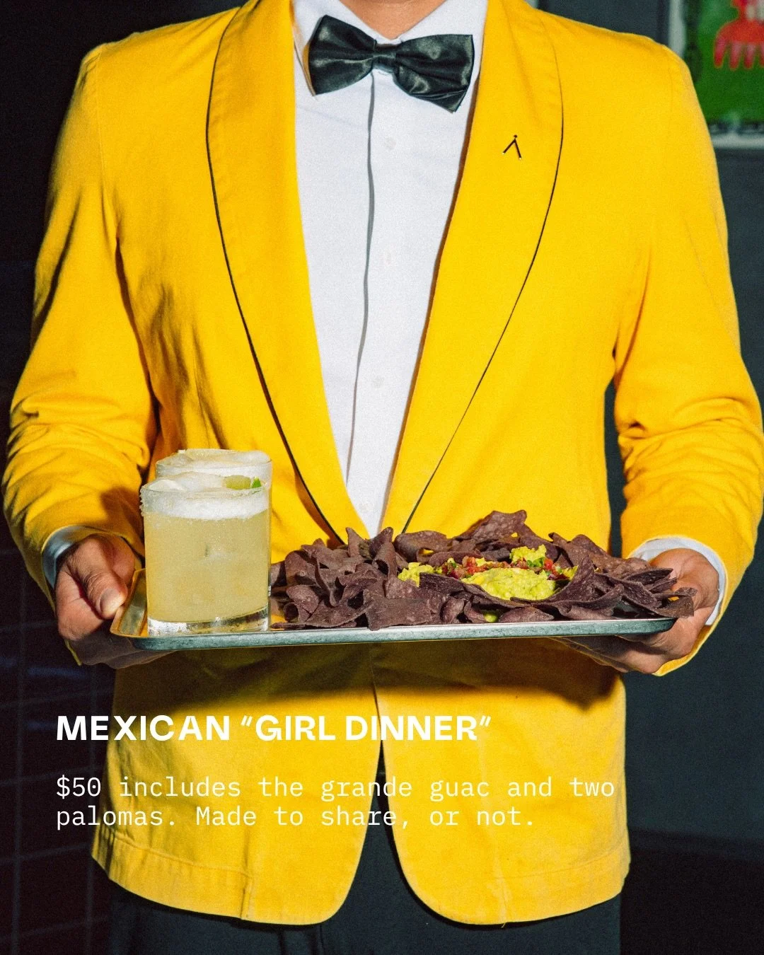 Move over martini and fries. Any takers for se&ntilde;orita dinner tonight? $50 = two cocktails and a grande plate of guacamole and corn chips during disco bingo with @threetimesdelaney.
