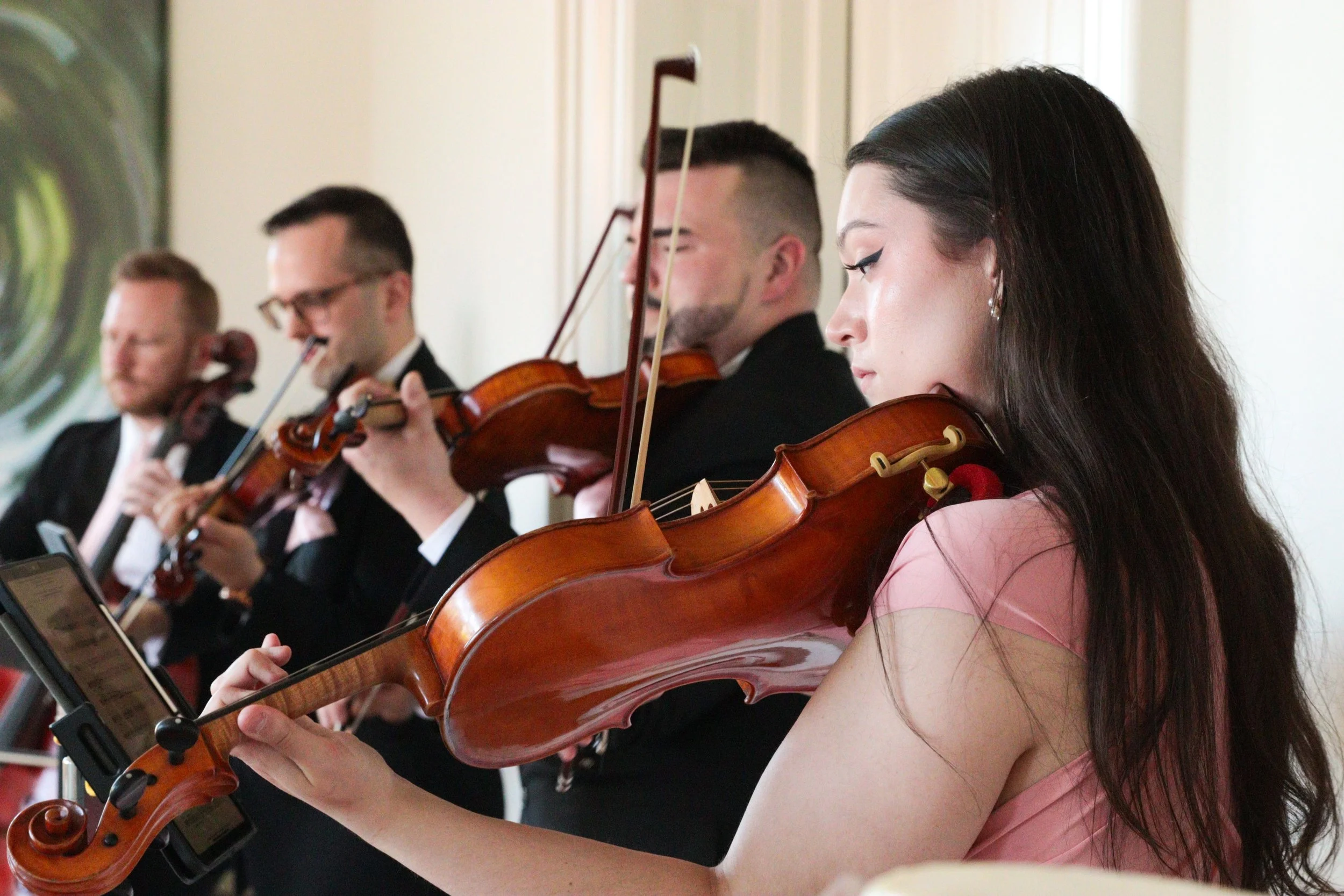 A group of four musicians, three males and one female, playing violins during a performance. They are dressed formally, with the women wearing dresses and the men in suits, sitting side by side.