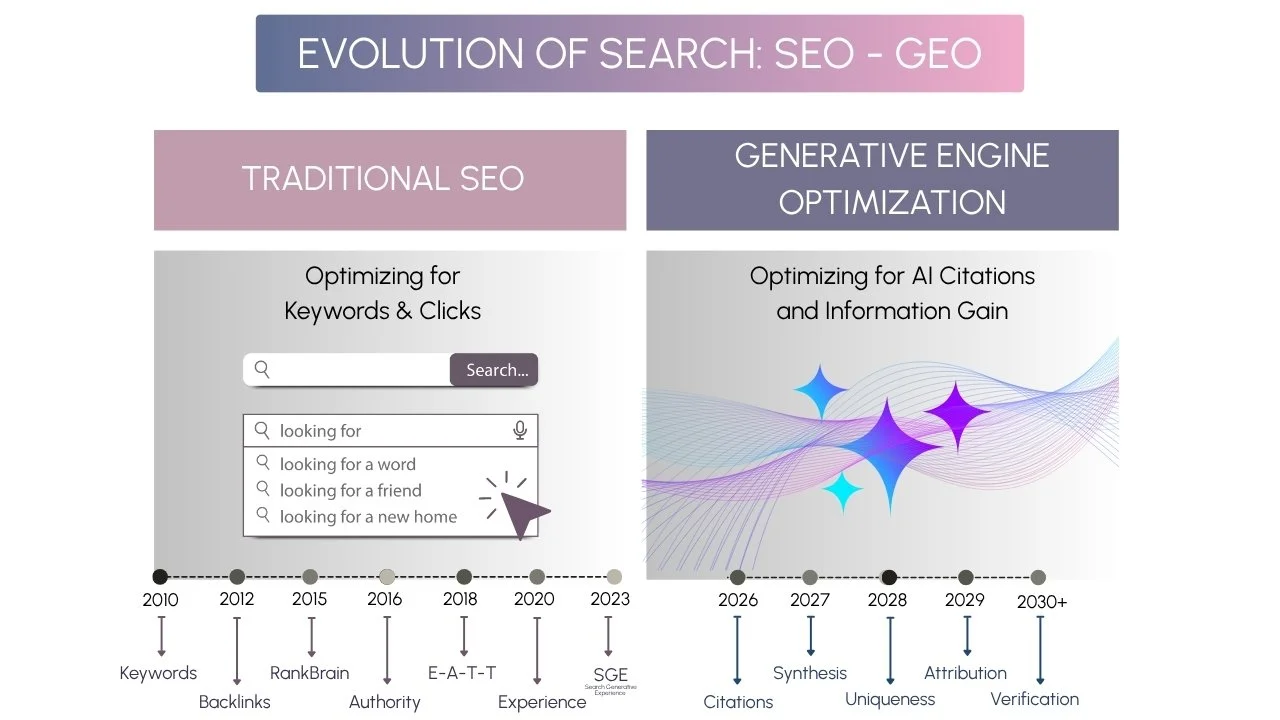 Infographic comparing traditional SEO and generative engine optimization (GEO), showing the shift from keywords and clicks to AI citations, synthesis, attribution, and verification from 2010 to 2030+