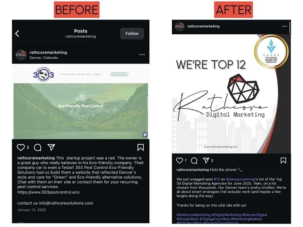 A side-by-side comparison of an Instagram post before and after optimization for Instagram search engines