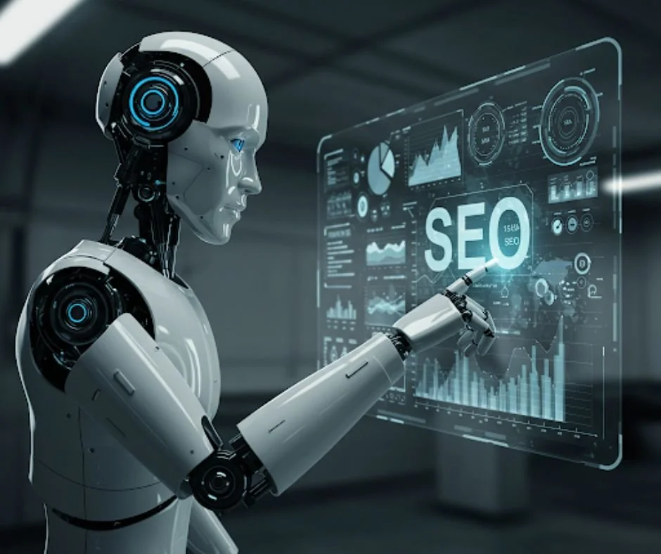 AI and SEO: A futuristic AI robot analyzing SEO data on a digital screen.