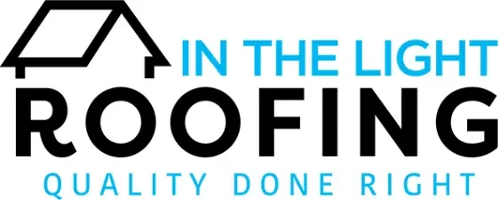 Roofing company logo with a house icon, text 'IN THE LIGHT ROOFING' in blue and black, and tagline 'QUALITY DONE RIGHT' in blue.