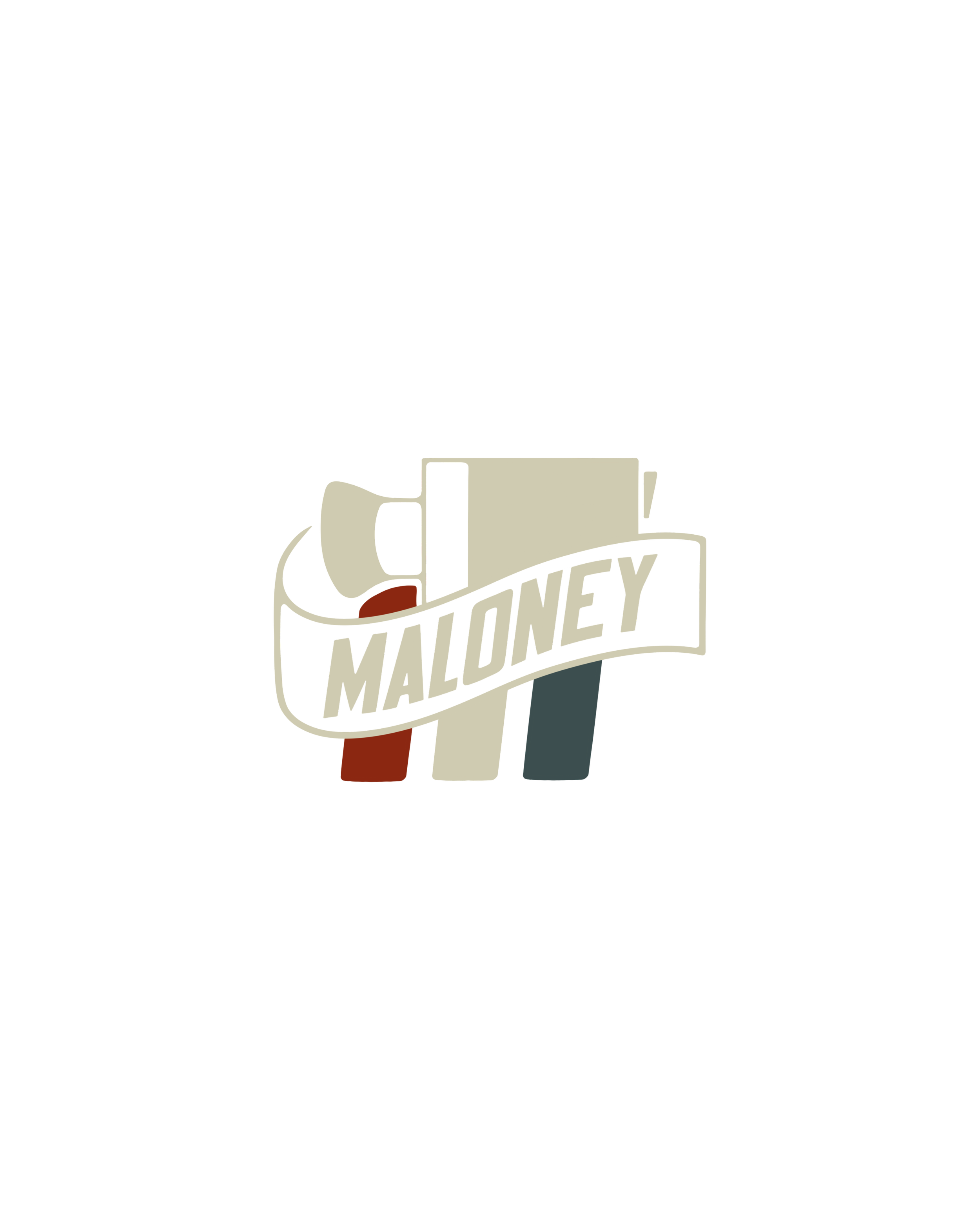 A vintage-style logo with the word "MALONEY" in bold letters, featuring red, white, and blue colors, resembling a classic advertising or branding design.
