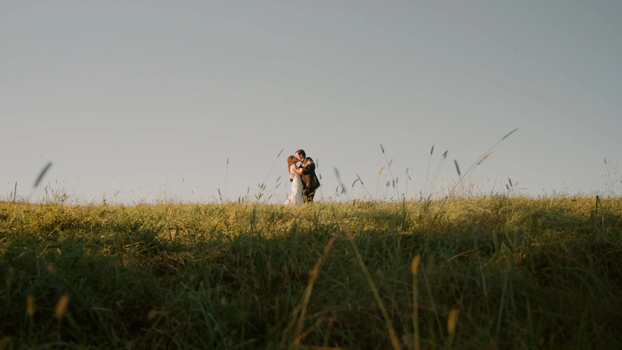 A couple dressed in vintage or formal clothing sharing a kiss in a grassy field under a clear sky.