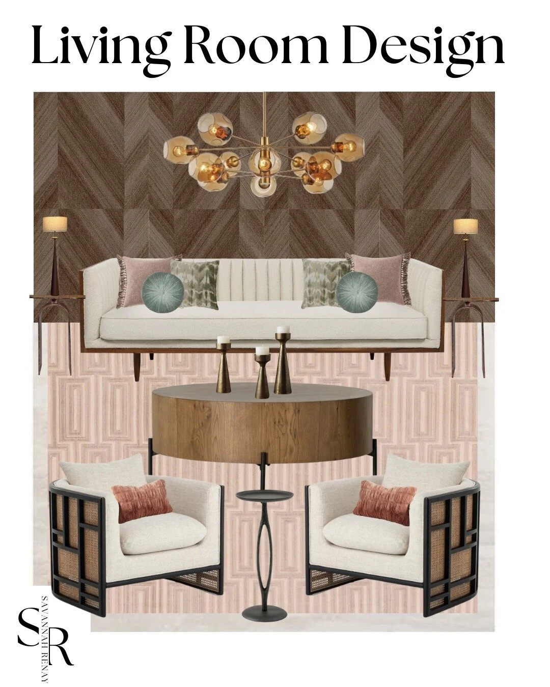 A mid century living room design inspired by @york_wallcoverings color of the year, Bay Brown. By combining pink hues with neutral furniture, this creates a warm inviting space. The brown textured wallpaper anchors the design but still adds visual in