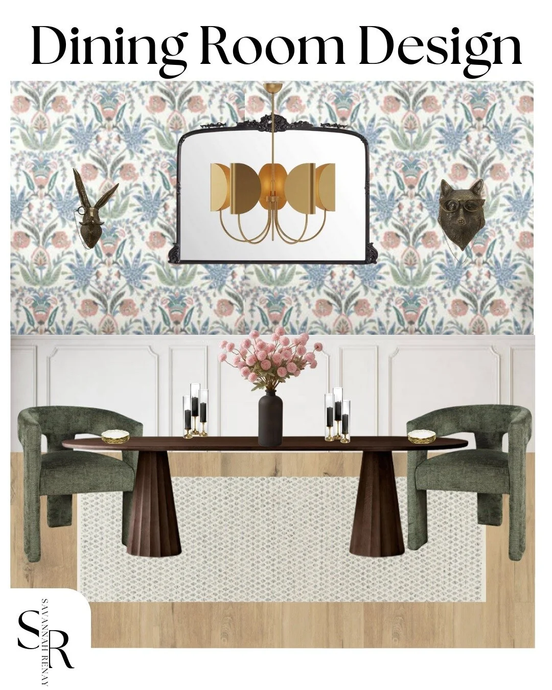 The wallpaper uses a traditional design with modern colors to creates a visual interest in this dining room. Complementing this traditional motif with a neutral chair rail molding to connect the design. Pairing green velvet chairs with a wood table h