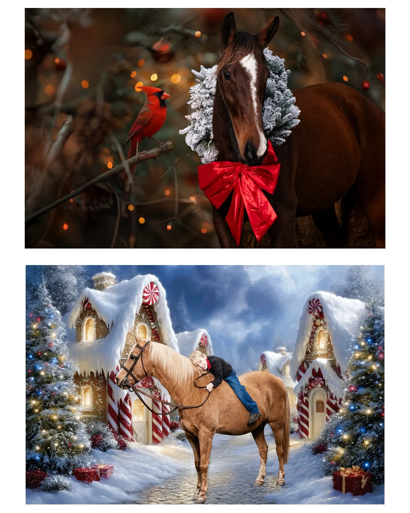 2025 Christmas Postcards are now available for the remainder of the year! ☃️ First, a photoshoot takes place. And then, results are transformed by editing. For example, here is what I created for a client, who requested their horses and son to be cap