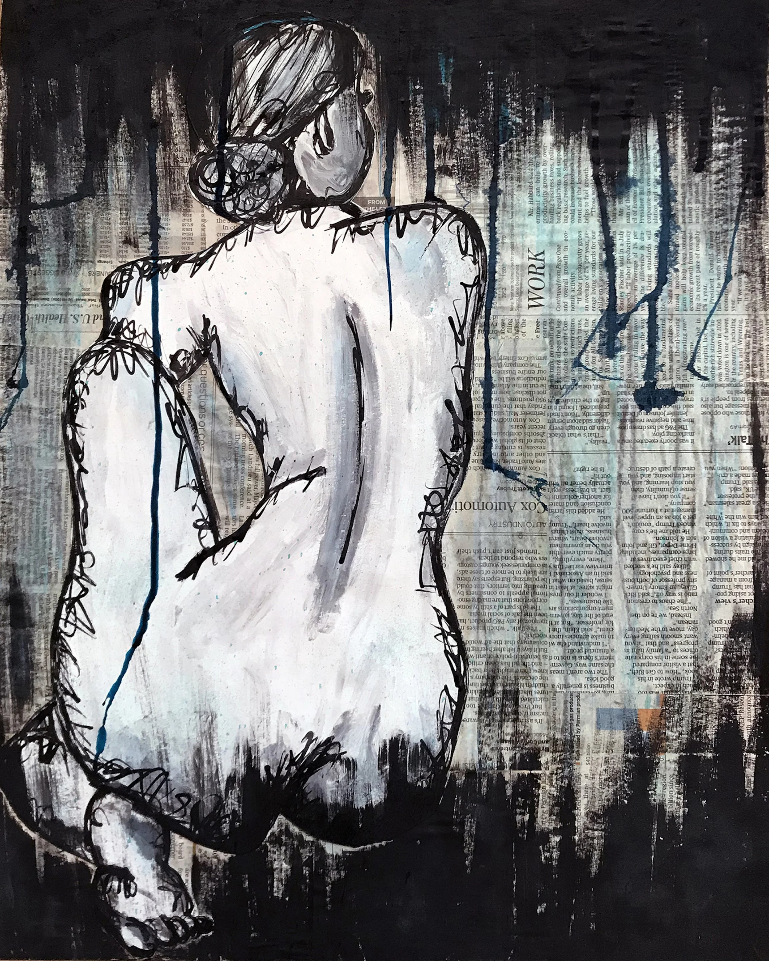 Serenity, mixed media painting on newspaper and wood, 2018, by Lauryn Grubbs