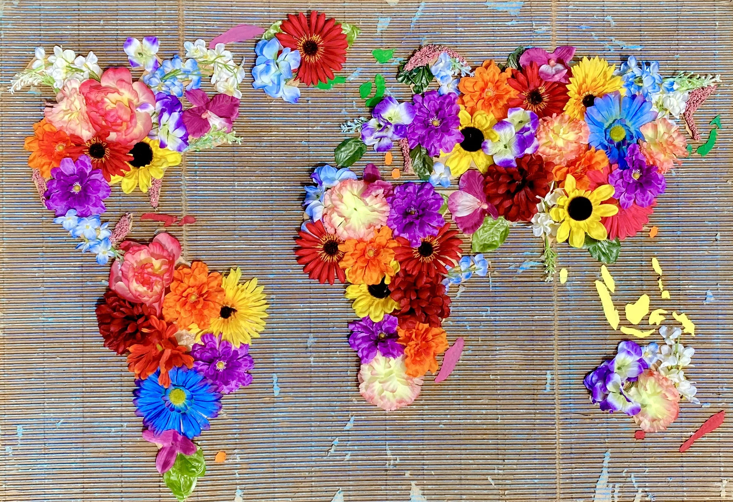 World in Bloom, plastic flowers and chalk on cardboard, 2019, by Lauryn Grubbs