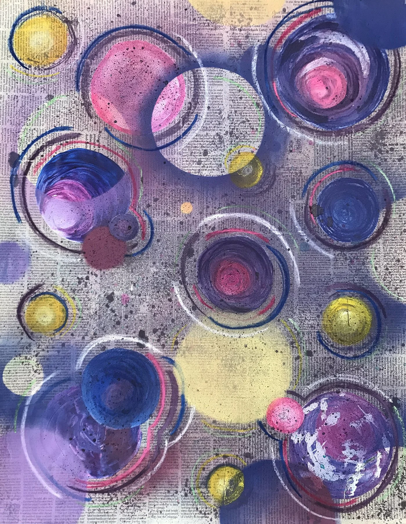 Dots, spraypaint, acrylic, chalk, and ink on newspaper and cardboard, 2017, by Lauryn Grubbs